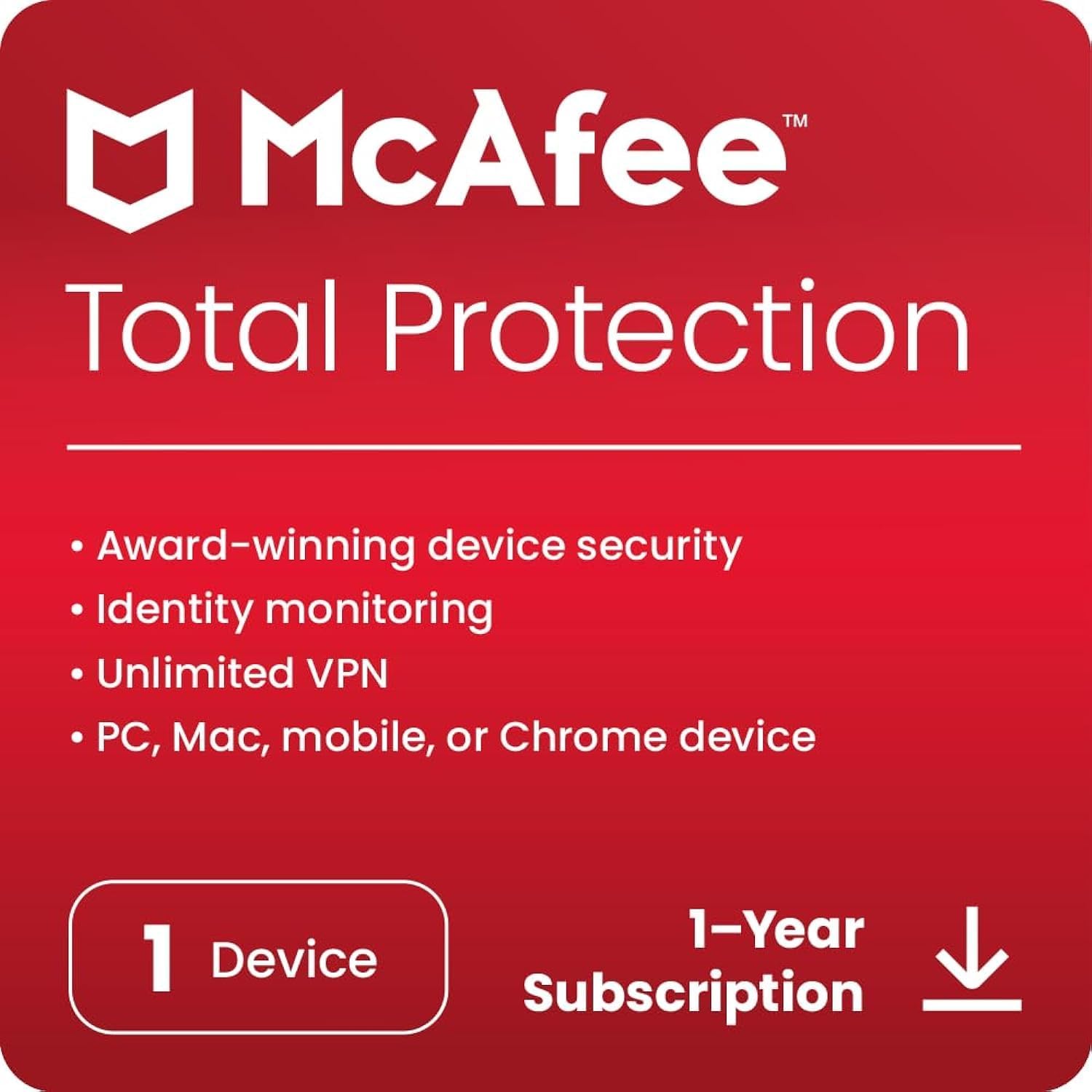 McAfee Total Protection 2025 | 1 Device | 1 Year Subscription| Antivirus Software, Internet Security, Password Manager, Identity Monitoring, Privacy Protection, Scam Protection [Digital Code]