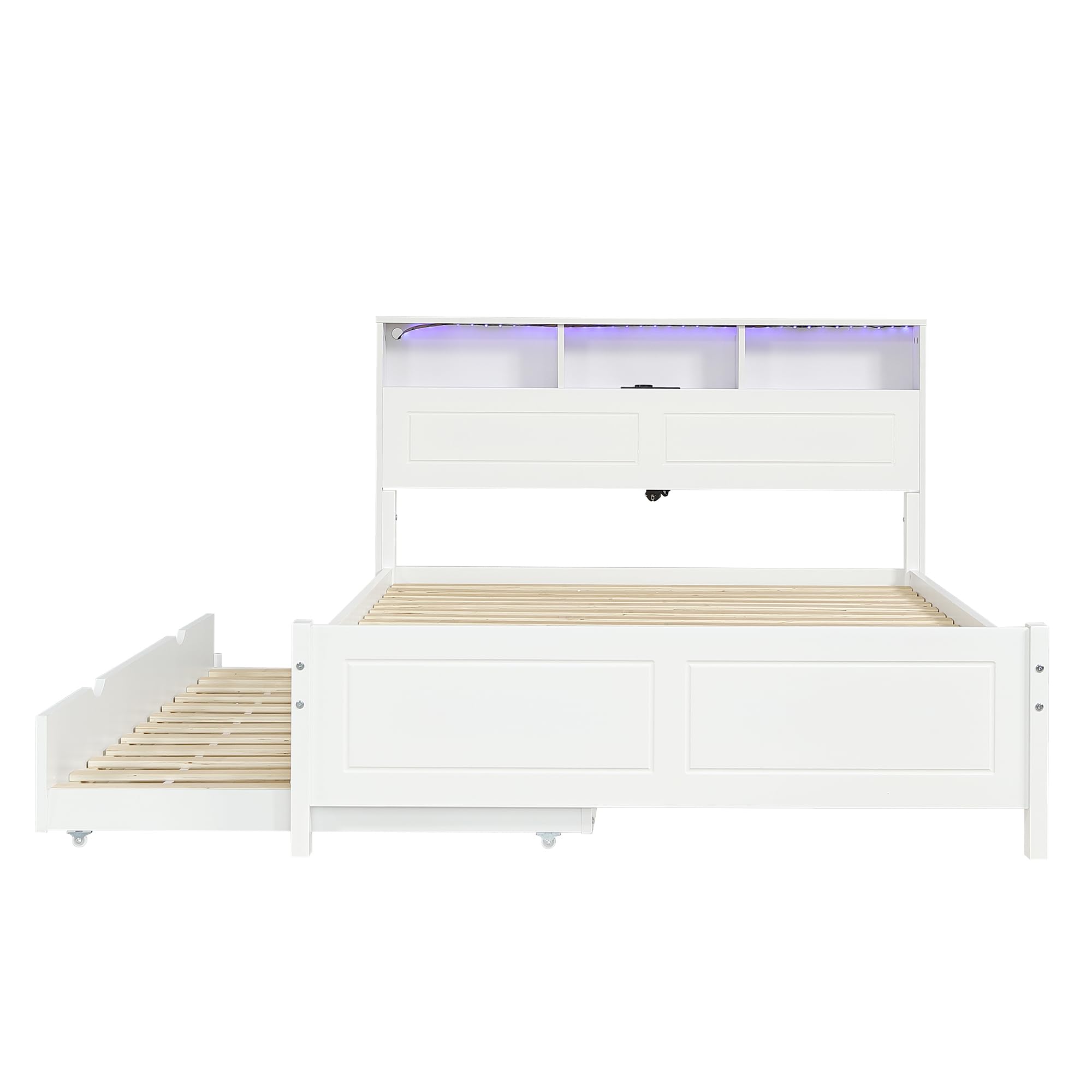 Letto Matrimoniale con letto Estraibile 120x200 e 90 * 190 cm, Letto Piano con Striscia Luminosa, Presa di Ricarica Integrata, Contenitore nella Testiera, struttura in pino e MDF, Bianco