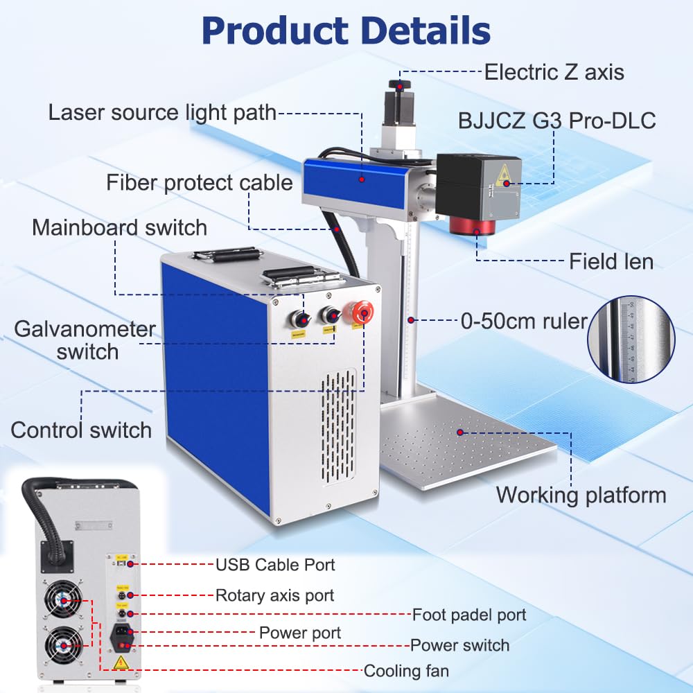 60W 2.5D JPT MOPA M7 Macchina per Marcatura Laser a Fibra e Incisore Laser, Messa a Fuoco Automatica e Asse Z Motorizzato, Lente 110mm, Asse Rotativo D80, Supporta Incisione Profonda e Rilievo,CE,220V