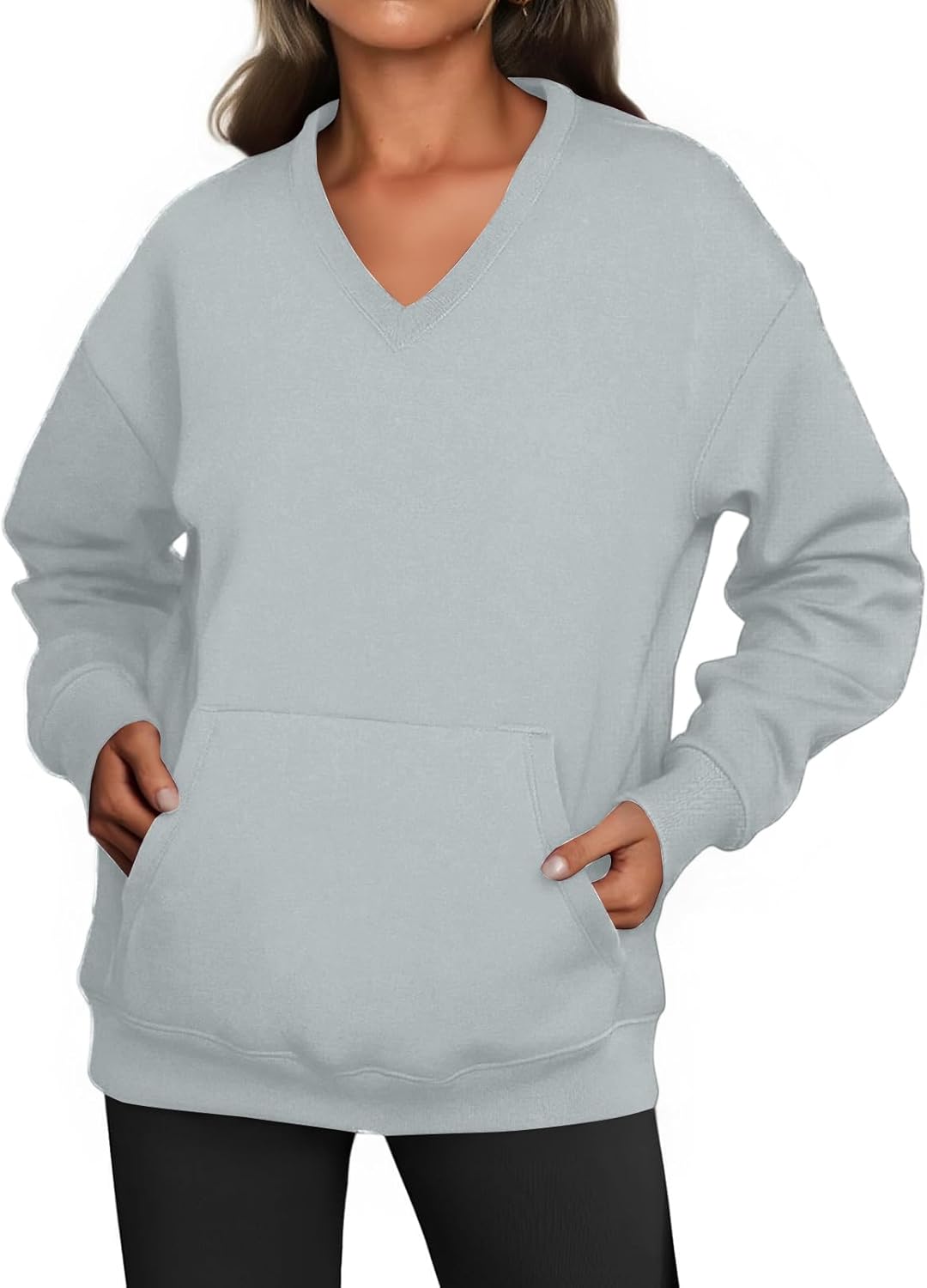 V Neck Sweatshirt Women Oversized Long Sleeve No Hood Pullover Sweatshirts Casual Cute Sweaters with Kangaroo Pocket - Image 6