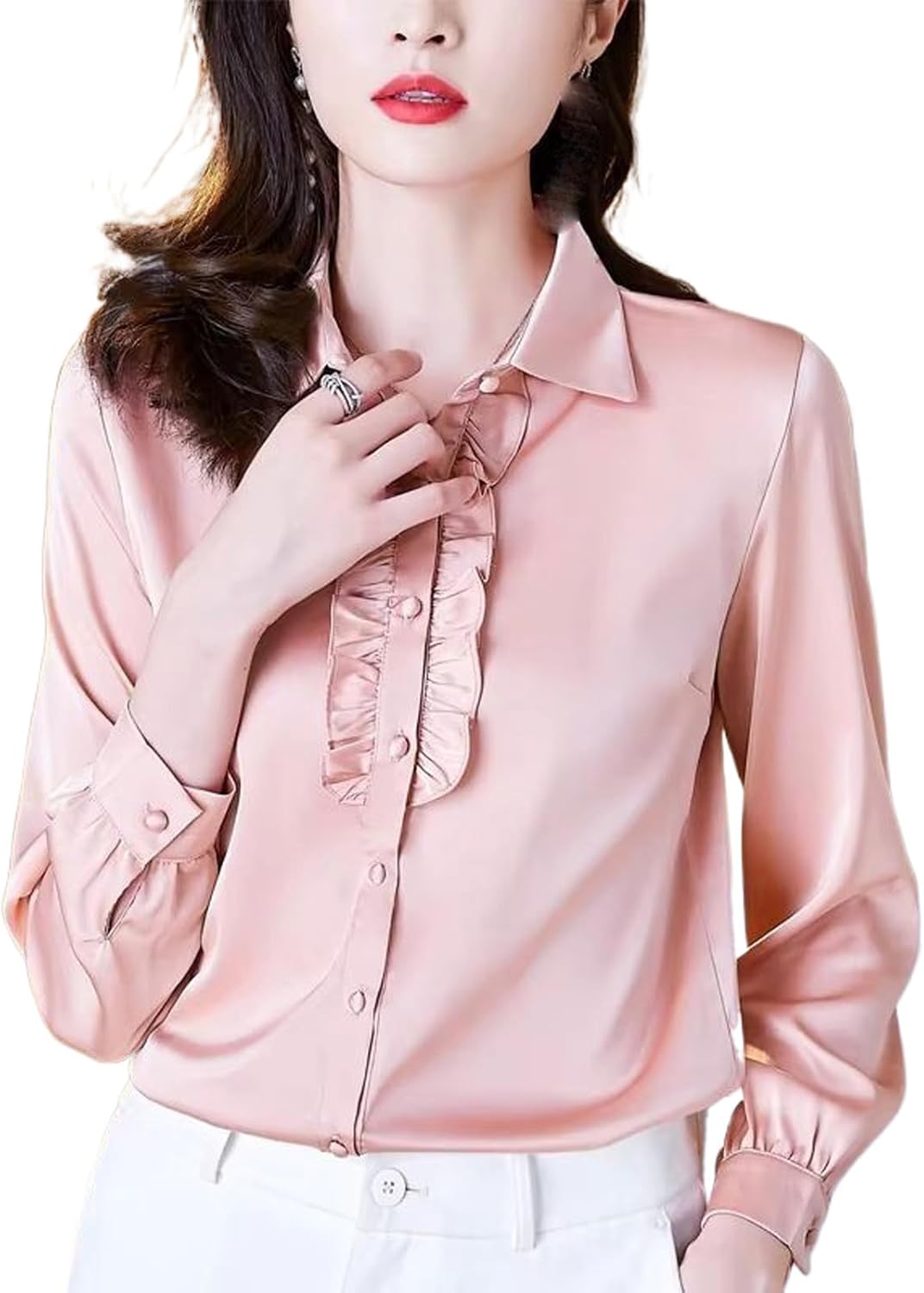 JYHBHMZG Women's Spring Autumn Style Satin Blouse Shirt Elegant Office Lady Long Sleeve Ruffles Top Casual