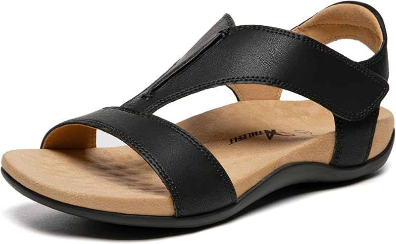 Athlefit Orthopedic Flat Sandals for Women with Arch Support | Comfortable Orthotic Walking Sandals with Hook & Loop Strap, Ideal for Summer Travel, Beach, Office Work, Daily Wear