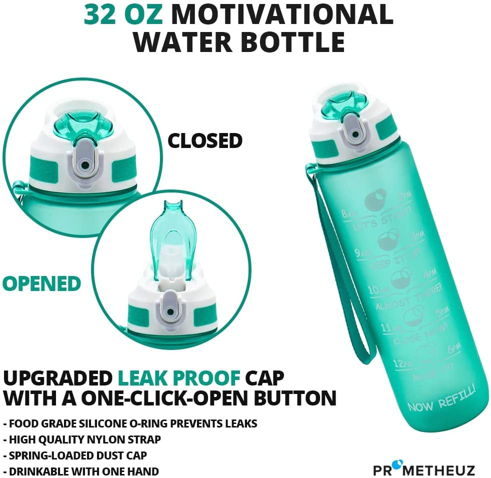 Image of Prometheuz Water Bottles with Times to Drink, 32 oz Water Bottle with Time Marker & Straw, Carry Strap, Leak-Proof & BPA-Free, Help You with Daily Water Intake for Gym, Camping, Outdoor Sports Mint