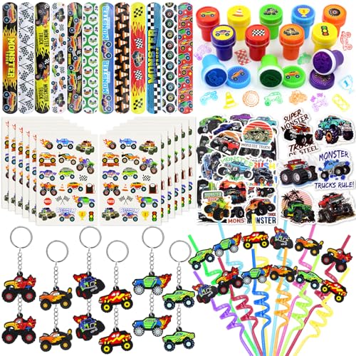 Monster Truck Feestartikelen Set - 110 stuks Truck Thema Slap Armbanden Sleutelhangers Tattoo Stickers Drinkrietjes Party Goodie Pinata voor Jongens Verjaardagsbenodigdheden