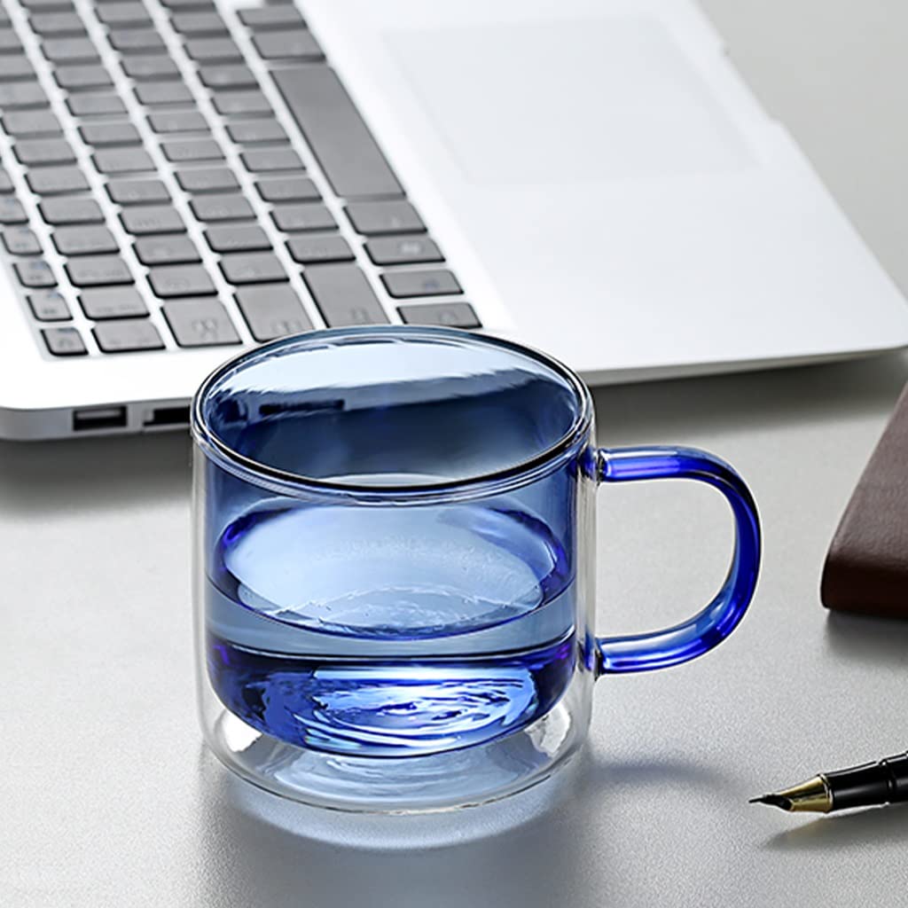 Doppelwandige Kaffeetassen aus Glas, wiederverwendbar, isoliert, mit Griff, farbige Trinkgläser, Weingläser, Glasgeschirr, Trinkgläser, Teetasse, 250 ml (blau)