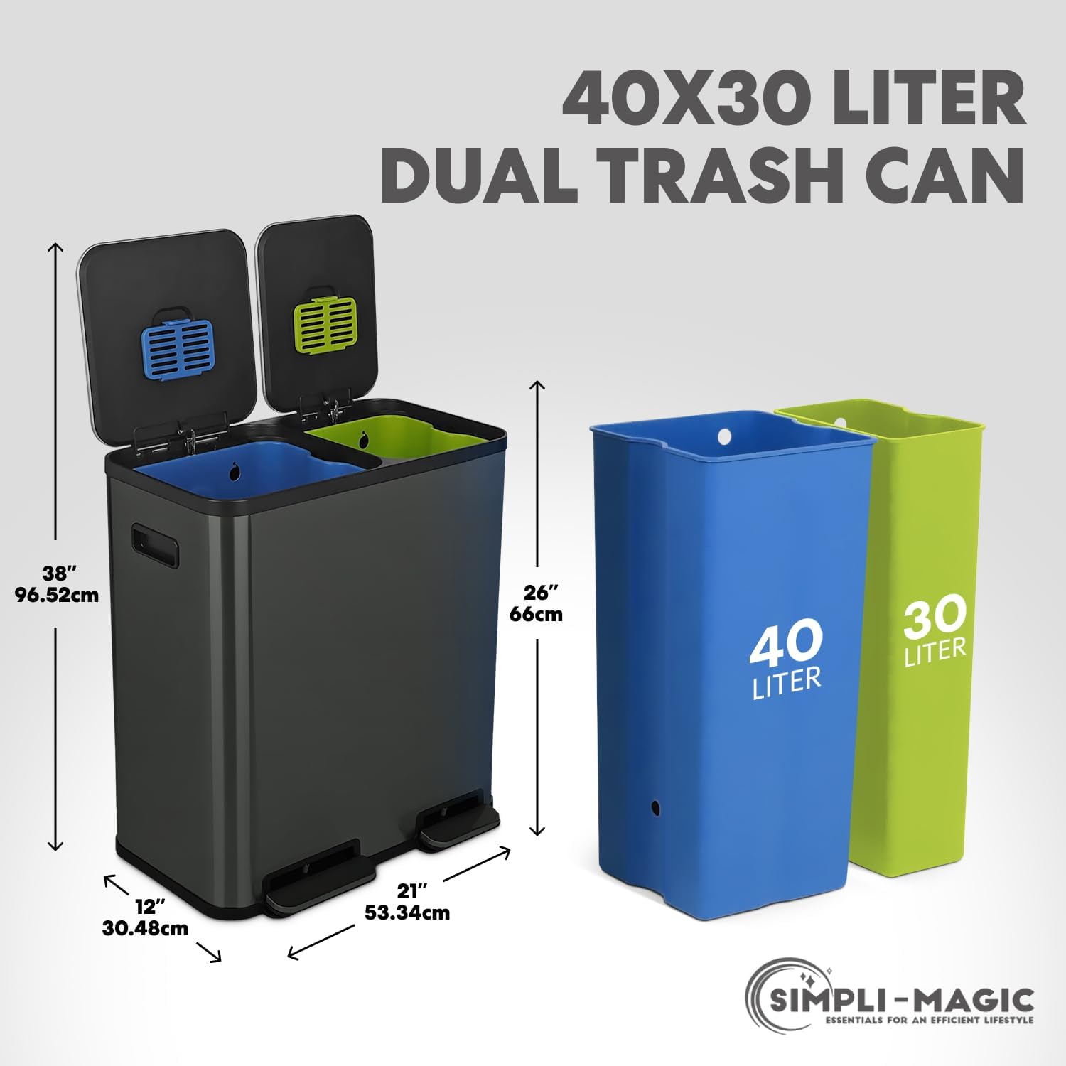 70 Liter / 18.5 Gallon Rectangular Hands-Free Dual Compartment Recycling Kitchen Step Trash Can with Soft-Close Single Lid, Stainless Steel (40L x 30L Capacity) Elegant Black Finish - Image 3