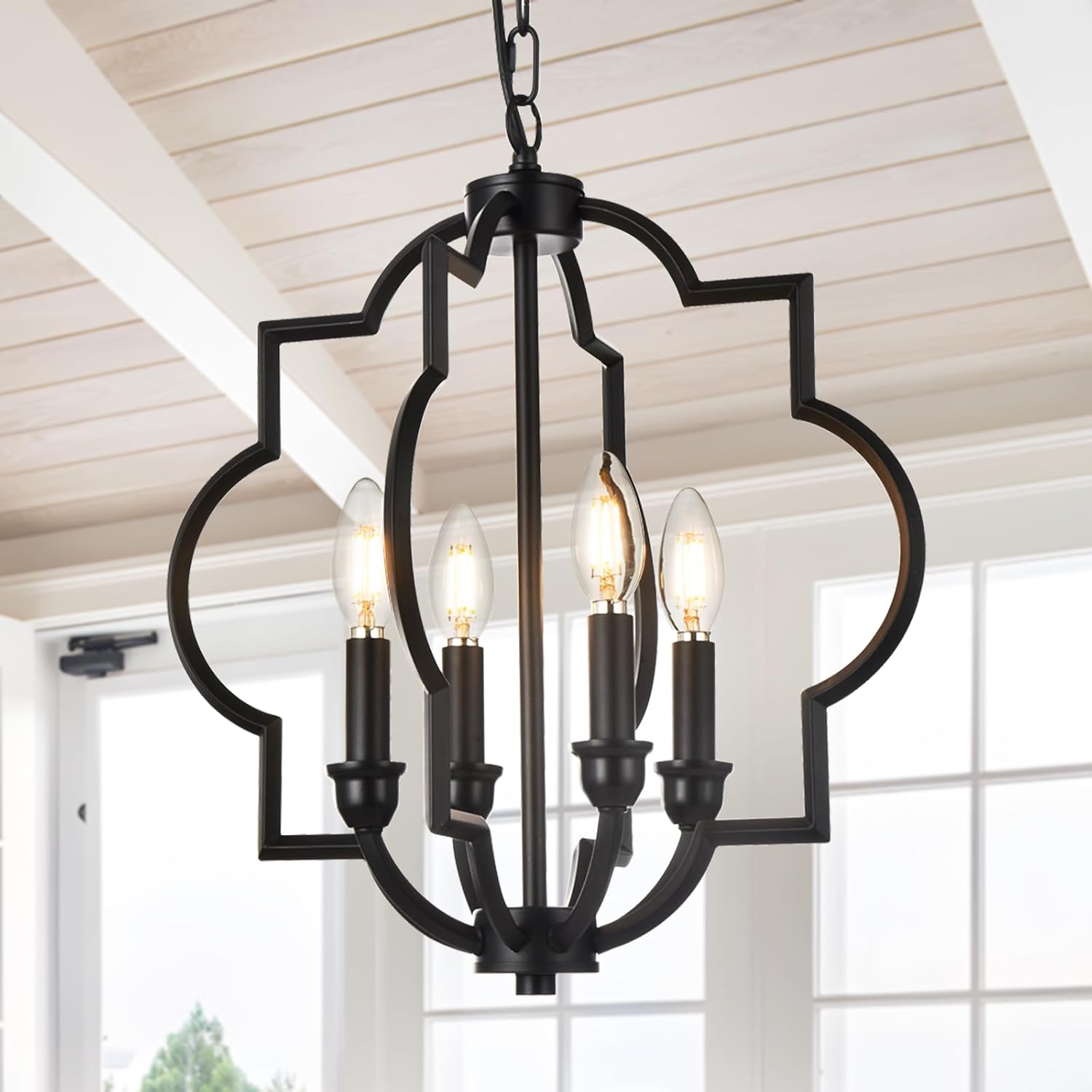 4-Light Black Farmhouse Chandelier, Rustic Orb Geometric Pendant Light Fixtures Adjustable Height Ceiling Light for Kitchen Island Dining Room Hallway Foyer Entryway 4 Light- Black