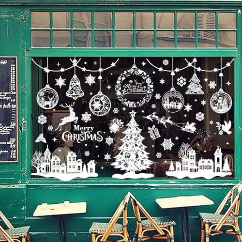 Xnova 244 pièces Noël Autocollants Fenetre, PVC Stickers Decoration Noel Fenêtre Réutilisable avec Blanc Flocons de Neige Rennes, Amovibles Statique Autocollants Noel Deco (blanc)