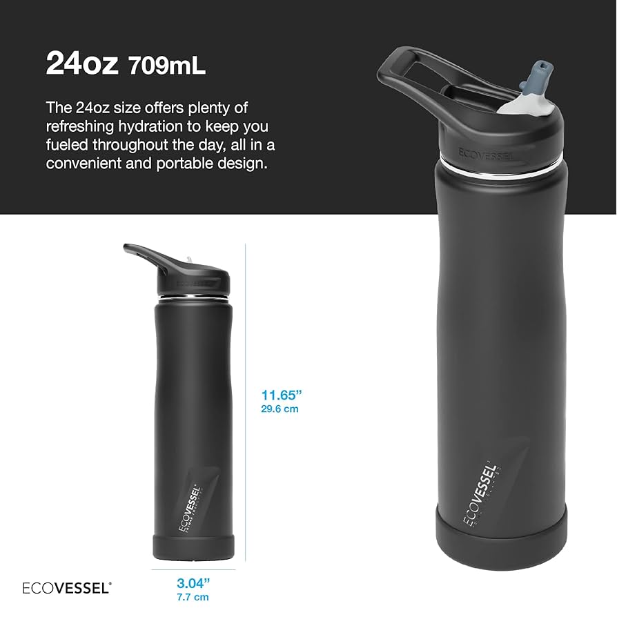 Insulated Gym Water Bottle with Straw 24oz Stainless Steel