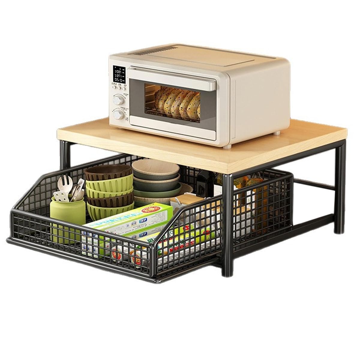 Leprera Black Space-Saving Kitchen Countertop Organizer Featuring Drawer& Wire Baskets-Sturdy Hardwood Shelf For Coffee Maker Storage