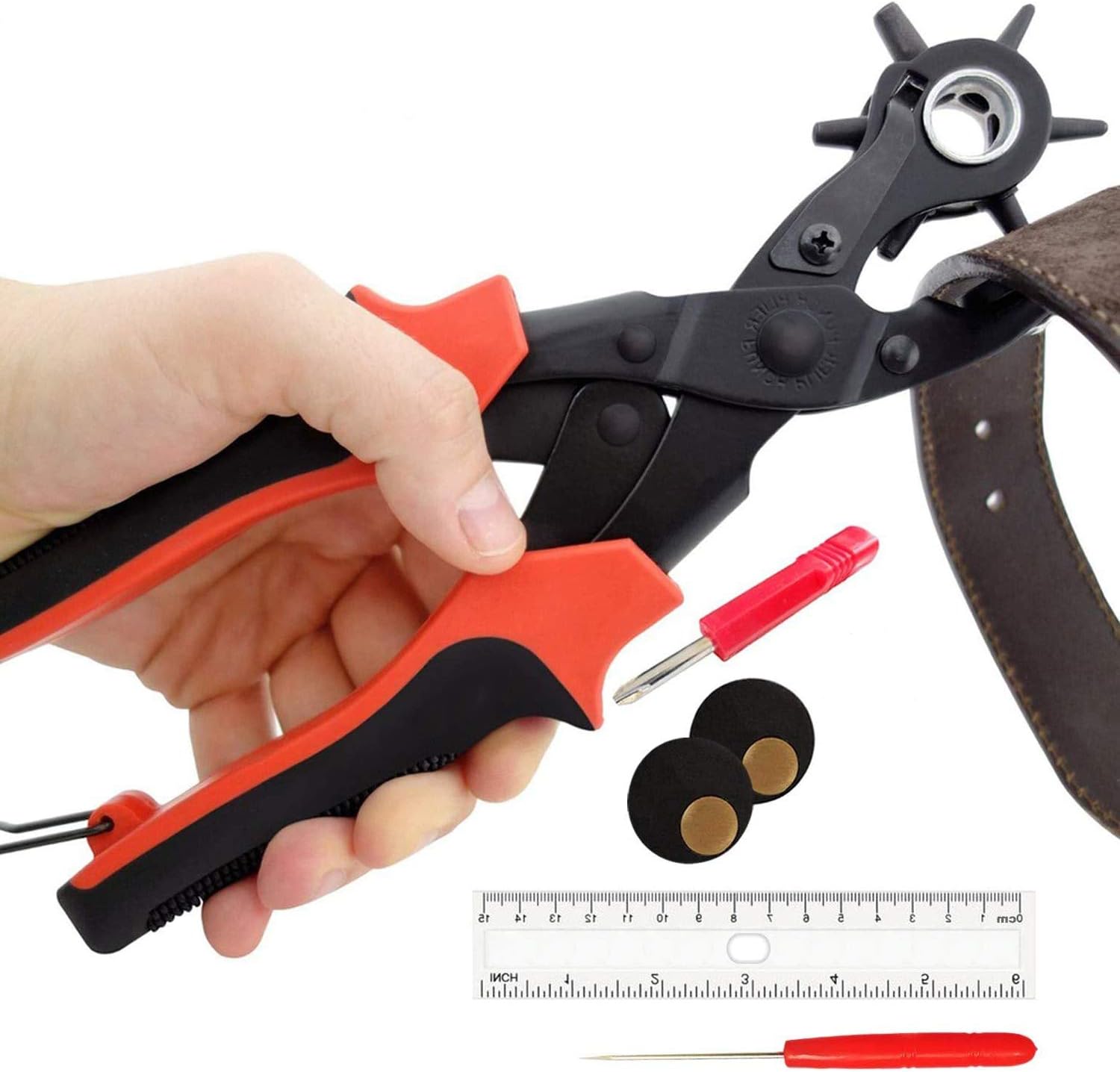 E.Queen Leather Hole Punch Set for Belts, Watch Bands, Straps, Dog Collars, Saddles, Shoes, Fabric, DIY Home or Craft Projects. Super Heavy Duty Rotary Puncher, Multi Hole Sizes Maker Tool