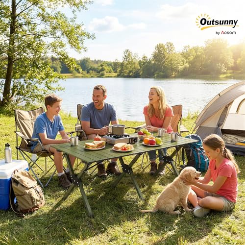 Outsunny Tavolo Da Campeggio Pieghevole 116 Cm, Tavolo Da Picnic Impermeabile Con Piano Arrotolabile E Struttura In Metallo, Portatile Per Giardino, Parco, Bbq, Verde - 2