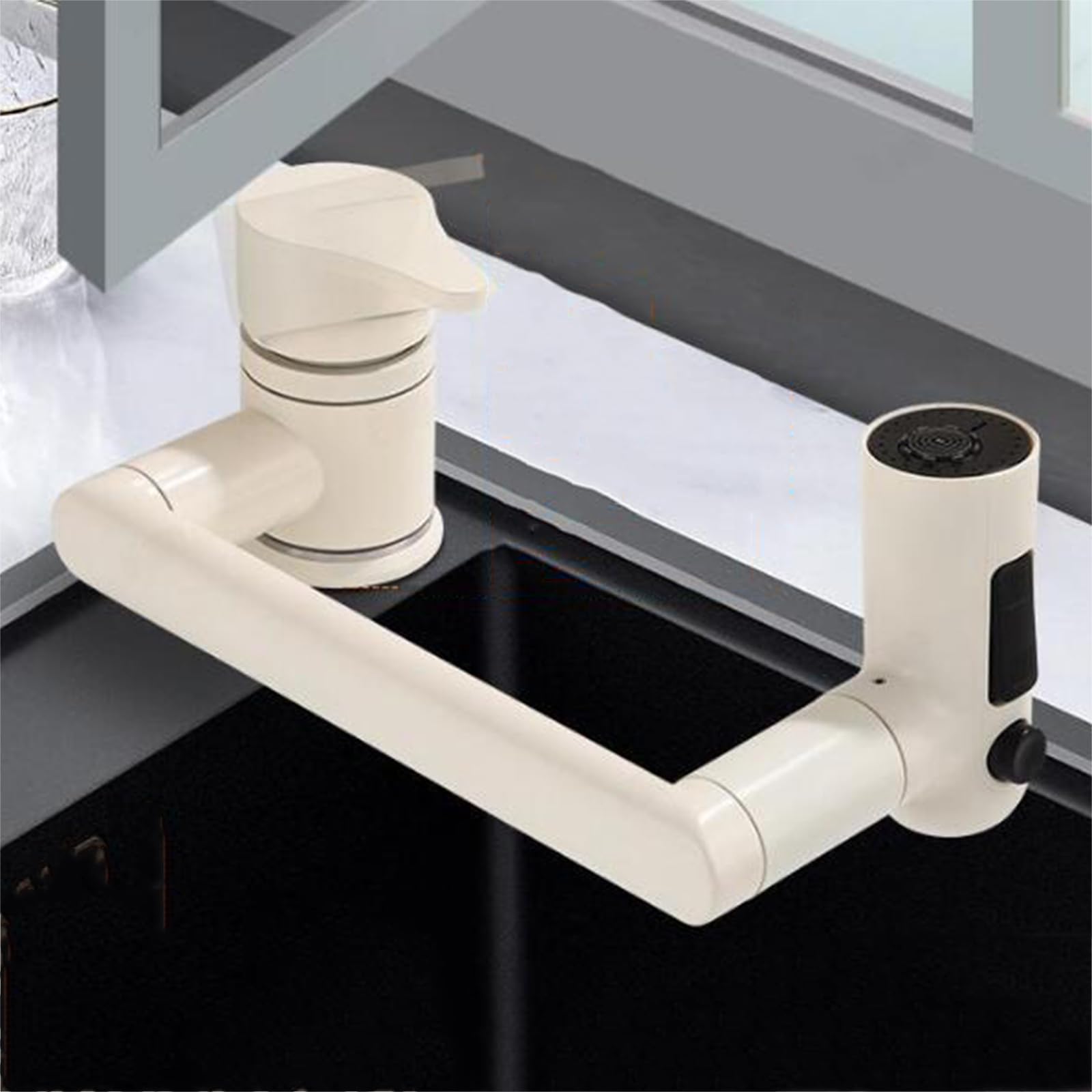 Mitigeur Cuisine sous Fenetre Robinet Cuisine Rabattable Rotation Mode 3 Trou Unique Eau Froide et Chaude Robinet de Cuisine-Beige