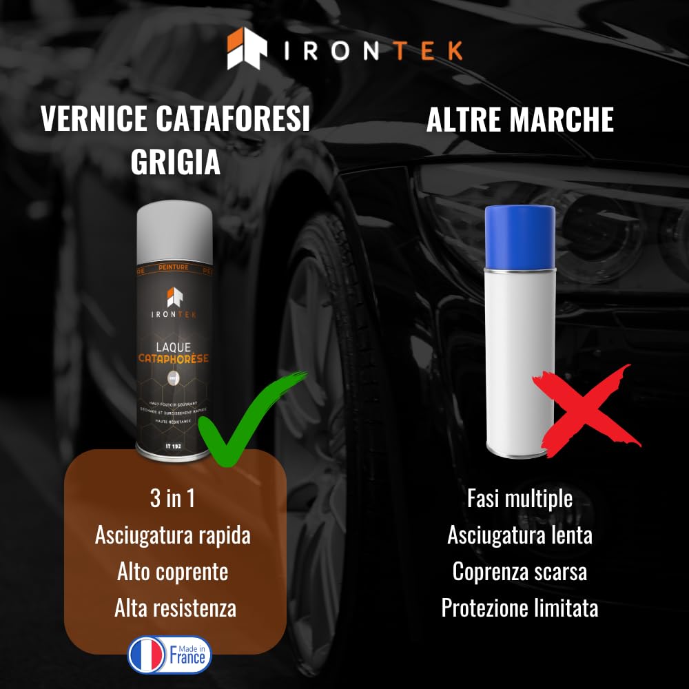 Vernice Spray Antiruggine Telaio - IRONTEK - 400 ml | IT192 | Grigio Cataforesi | 3 in 1 Primer Fondo | Asciugatura Rapida 20 min