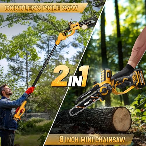 Image of Takuoo 2-in-1 Electric Pole Saw & Handheld 8 Inch Mini Chainsaw Cordless