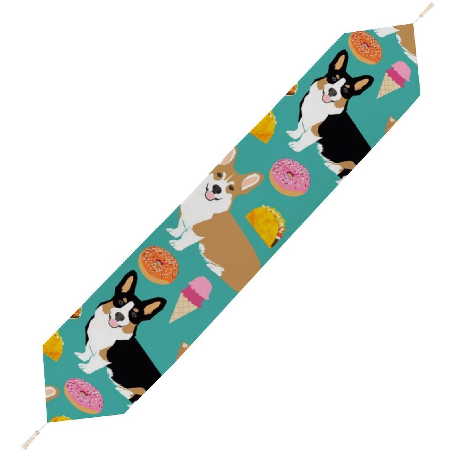 JZemdybill 178*33cm Table Runner with Tassel, Cute Corgi Table Runner, Table Decoration for Kitchen, Party, Restaurant