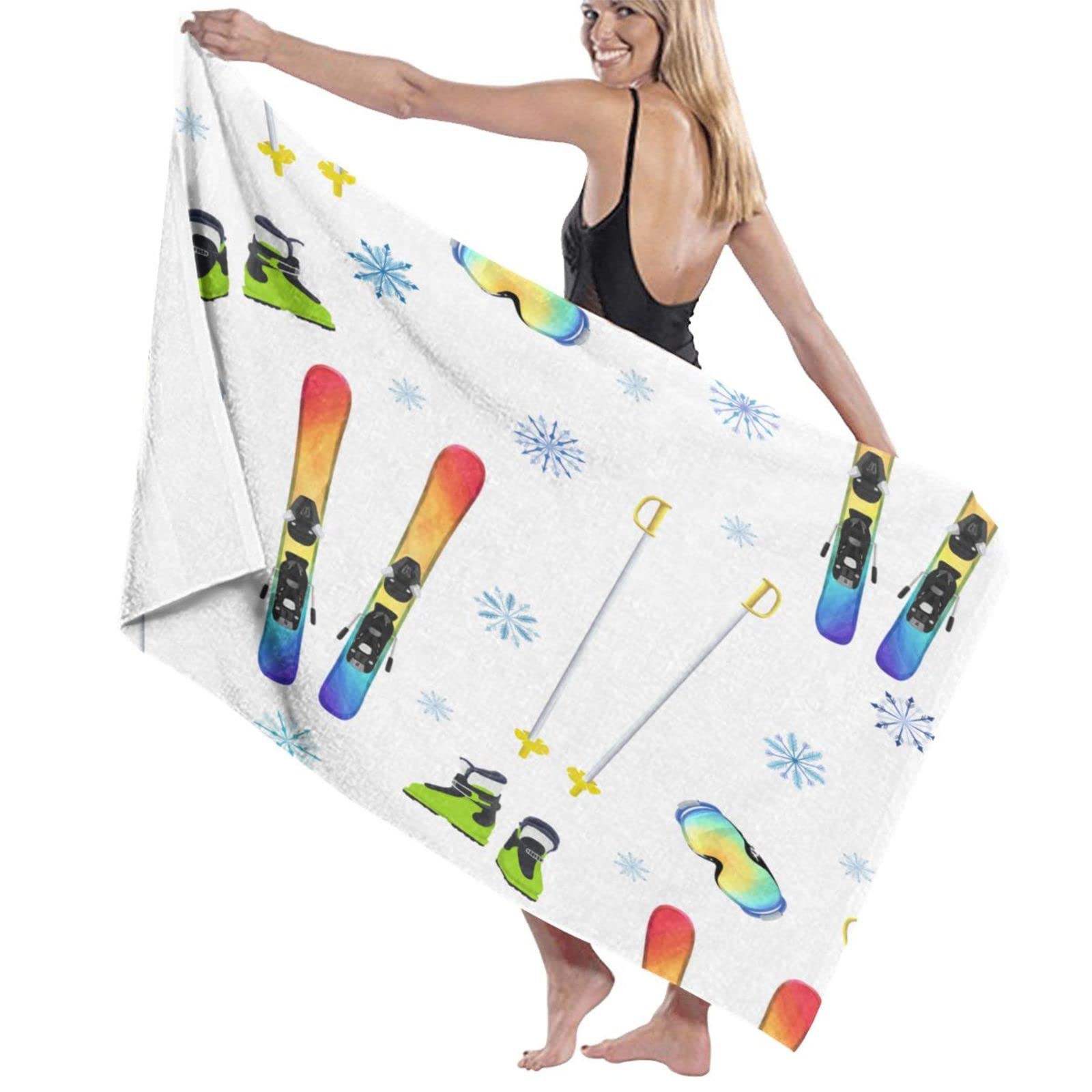 Grande serviette de bain douce et légère motif perce-neige de ski