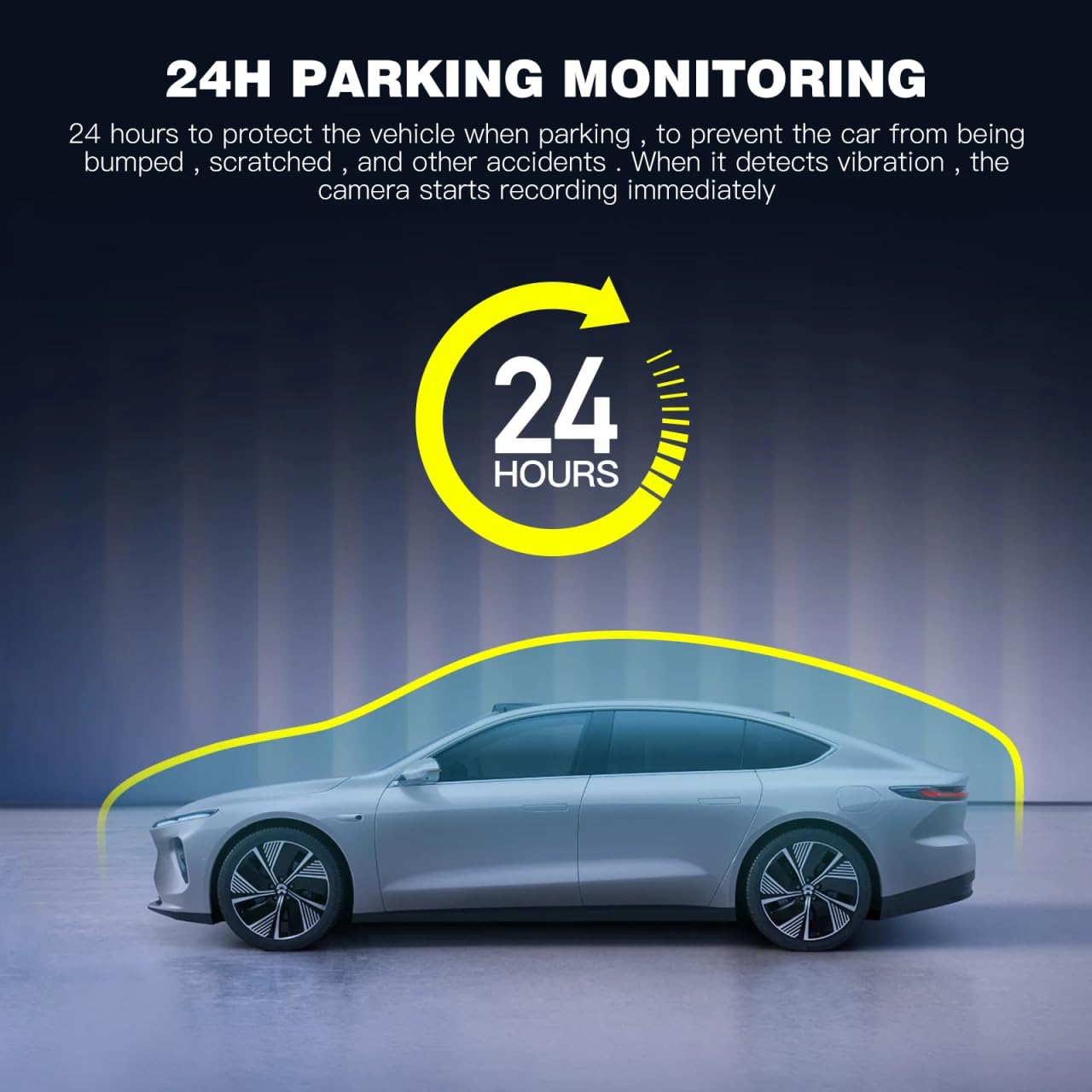 Graphic illustrating 24-hour parking monitoring, showing a car protected by the dash cam's recording function when vibration is detected.