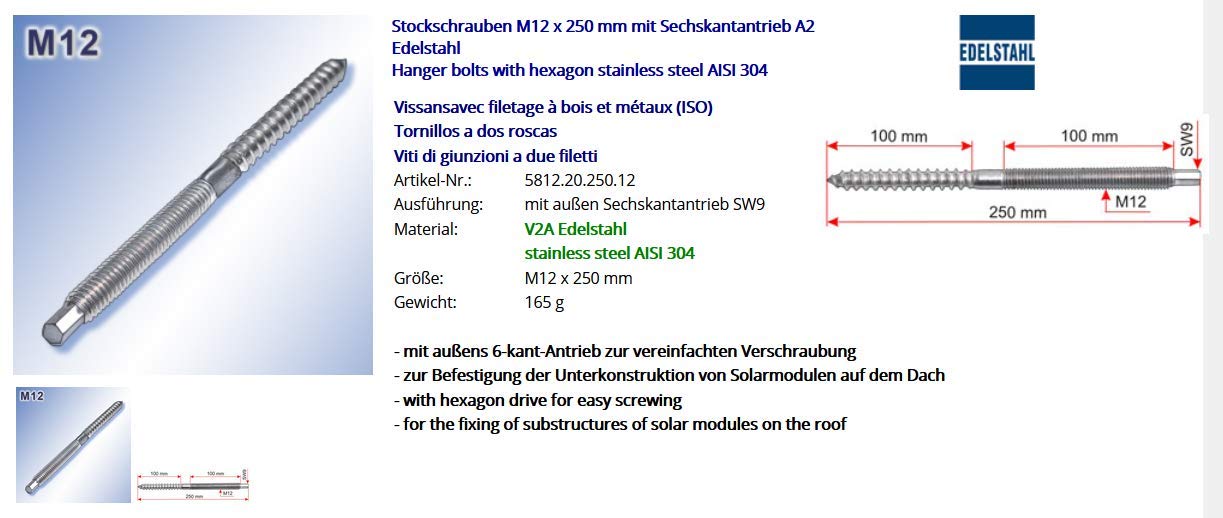 Śruby trzpieniowe M12 x 250 mm z gniazdem sześciokątnym A2 stal szlachetna 10 sztuk