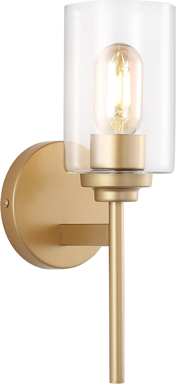 JONATHAN Y 13" Brass Gold/Clear Industrial Farmhouse LED Wall Sconce, with Clear Glass Cylinder Shade, 1-Light Iron Vanity Light for Bathroom Mirror Hallway Bedroom (JYL9547B)