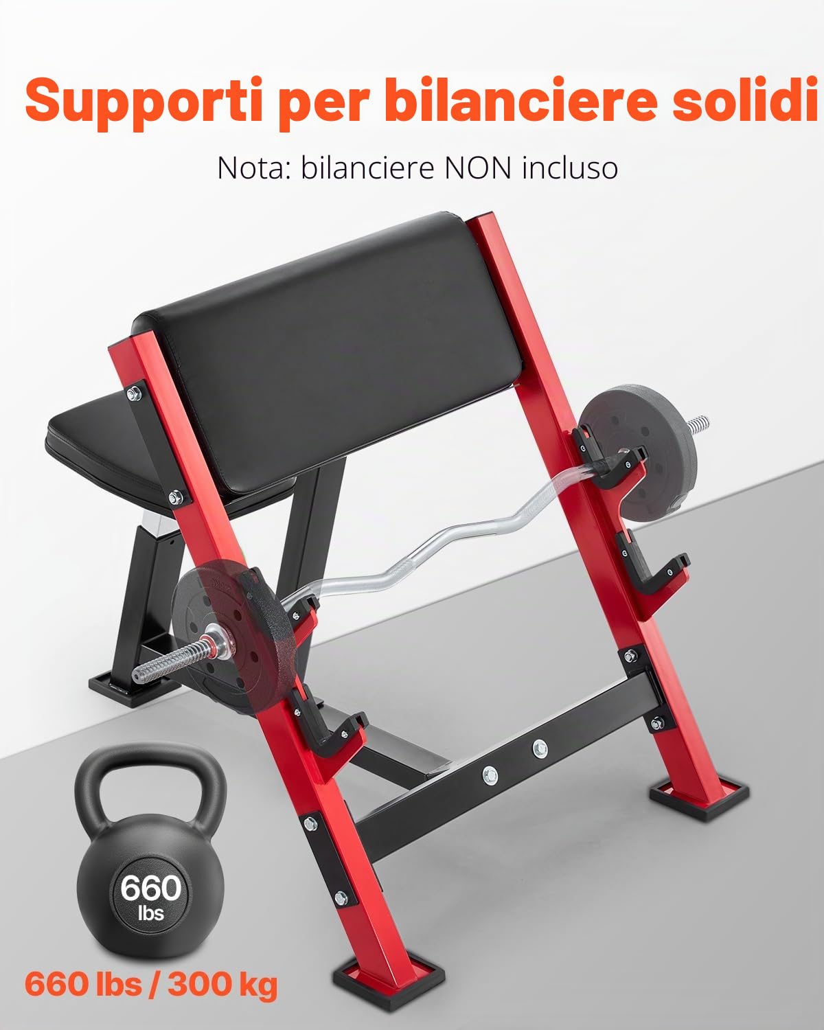 VEVOR Panche per Allenamento Forza per Bicipiti, Carico 300 kg, Stazione per Bicipiti con Manubrio e Bilanciere Isolati per Braccio Seduto, Panca per Pesi Regolabile con Supporti per Barre