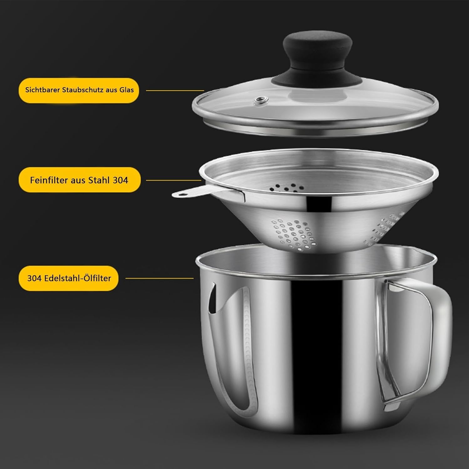 OBABO Stainless Steel Fat Separator, 1000ML Gravy Grease Separator with Strainer and Glass Lid, Soup Oil Separator Cup for Cooking, Stockpot Oil Filter Soup Separator Strainer Pot for Kitchen