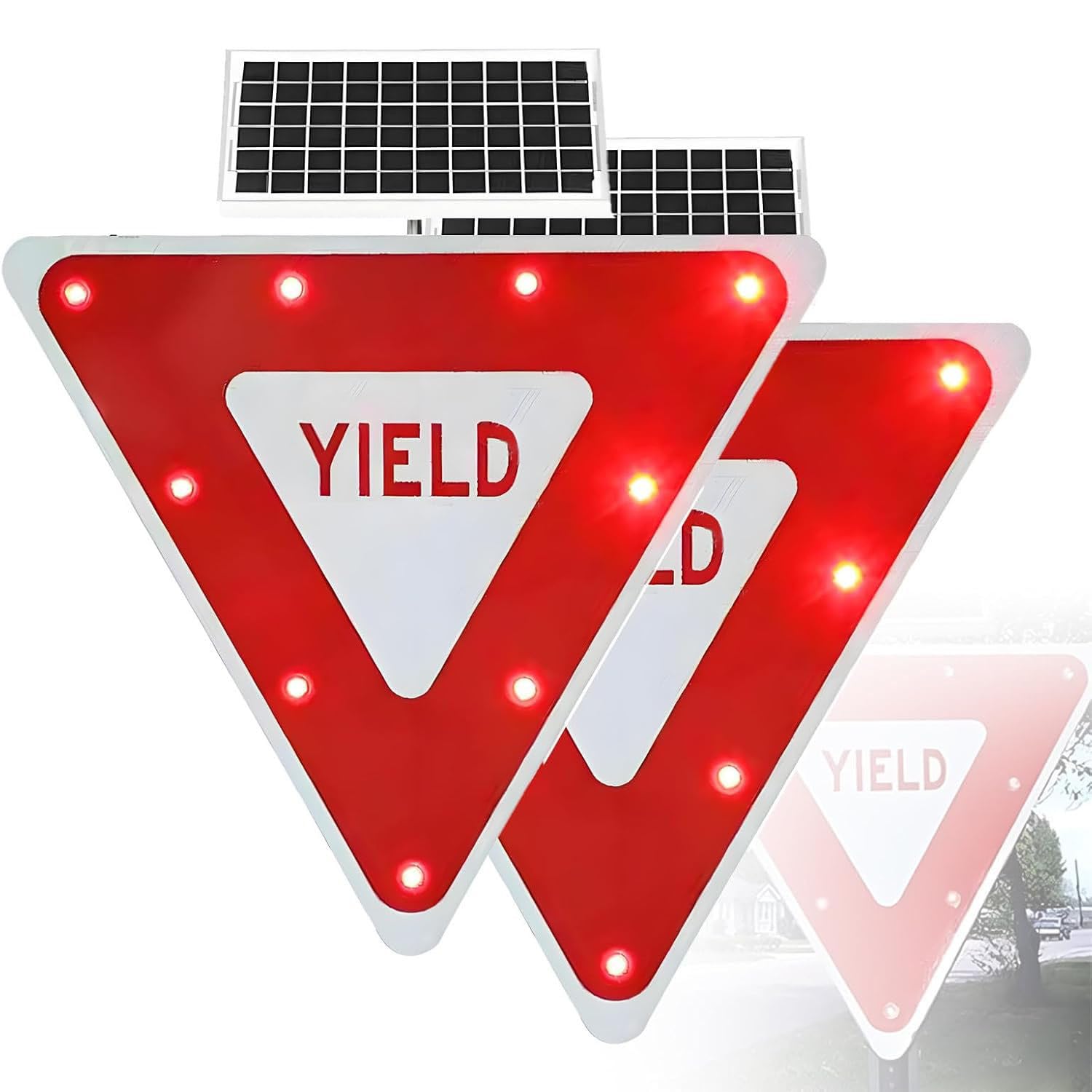 ROEFETY 28" Triangle Flashing LED Crossing Sign,Solar Powered LED Flashing YIELD Sign,IP65 Waterproof with Mounting Accessories Engineer Grade Reflective,Solar Powered Yield Sign 2piece