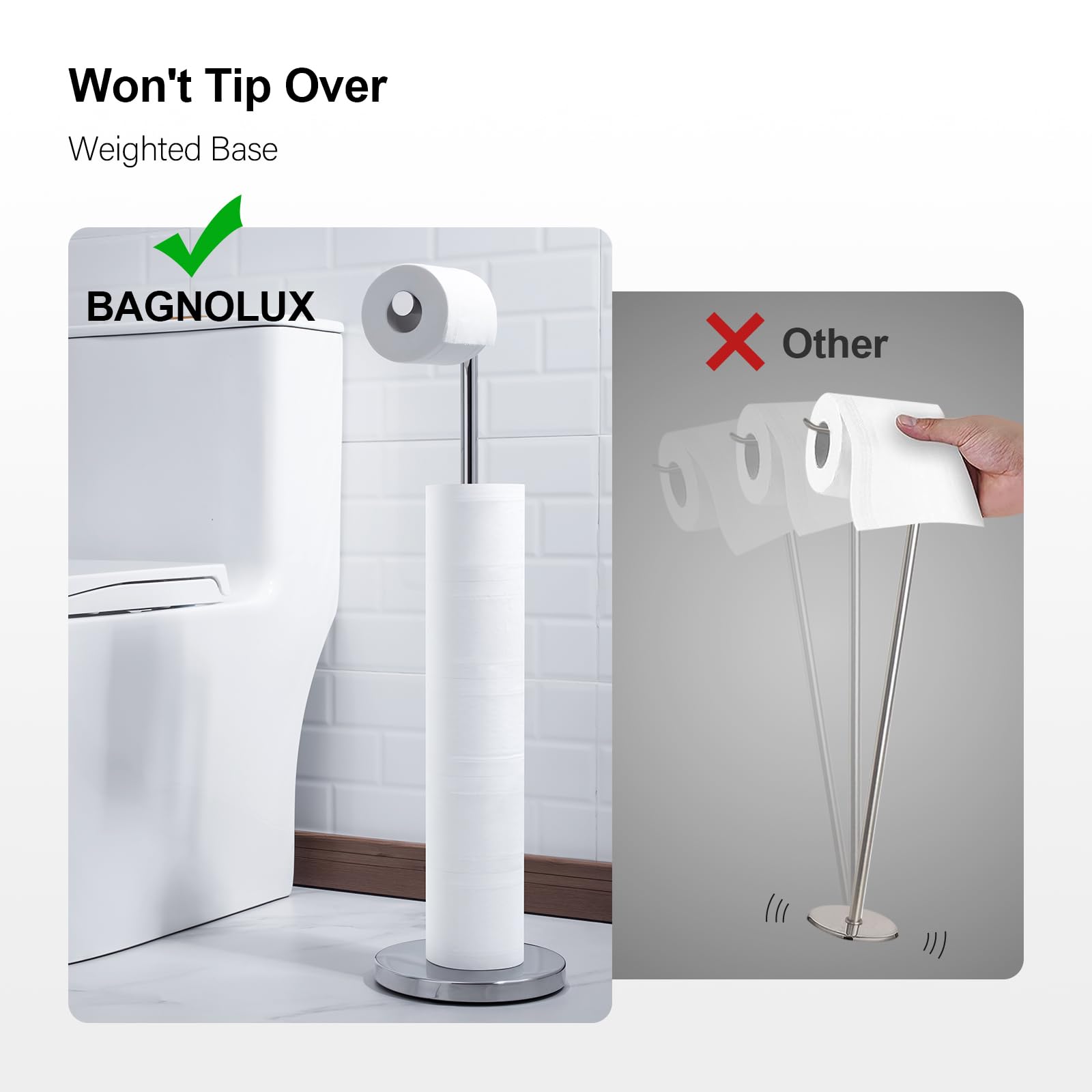 BAGNOLUX Bathroom Toilet Paper Holder Stand with Reserve, SUS304 Stainless Steel Rustproof Pedestal Tissue Roll Holder Heavy Duty, Polished Chrome — Amazon image 9