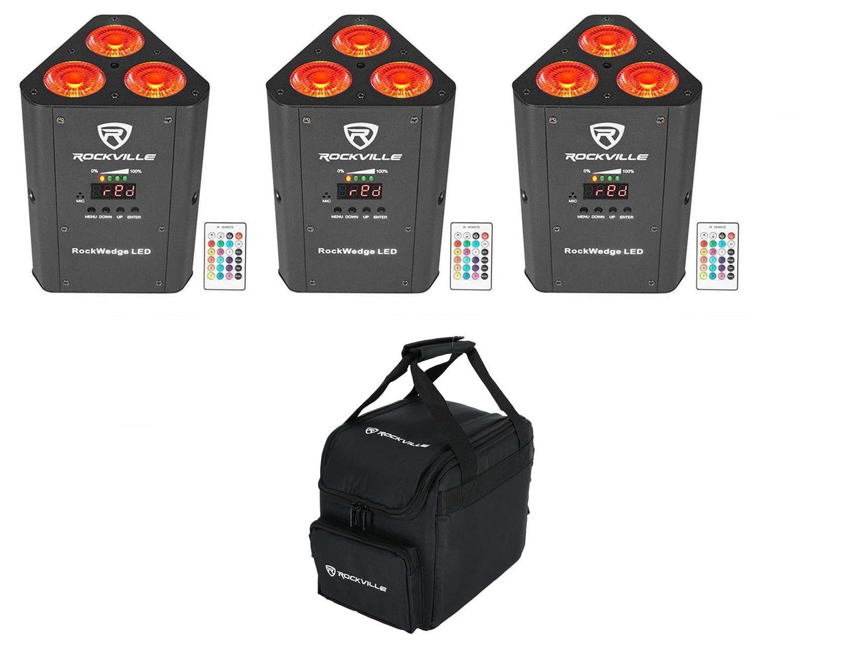 3 Rockville RockWedge LED RGBWA+UV Rechargeable Battery Wireless DMX Lights+Bag