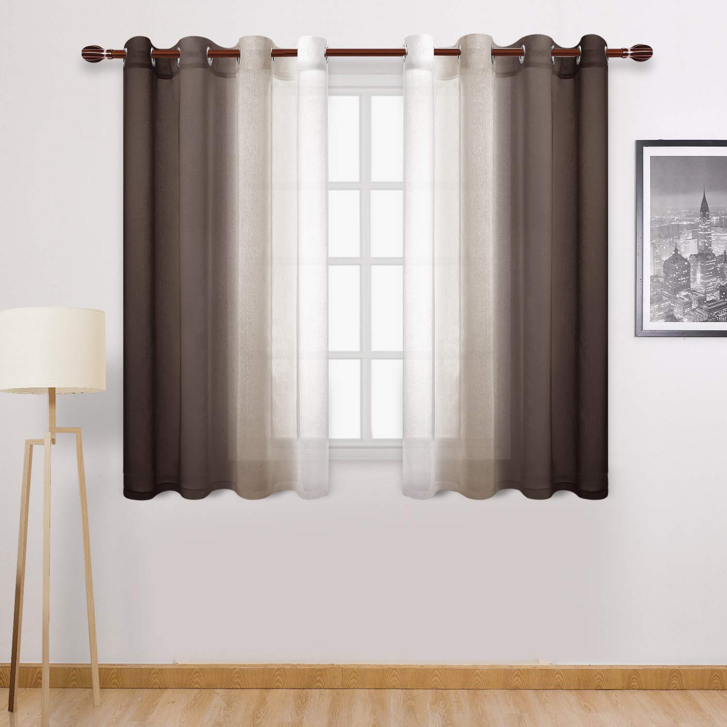 DWCN Ombre Sheer Curtains - Faux Linen Semi Voile Grommet Top Gradient Curtains for Bedroom and Living Room, Set of 2 Window Curtain Panels, 52 x 54 Inch Length, Chocolate Brown โ image 1