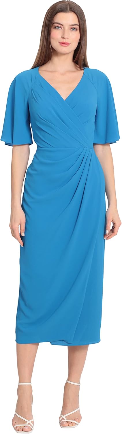 Maggy london women s short flutter sleeve faux wrap midi dress