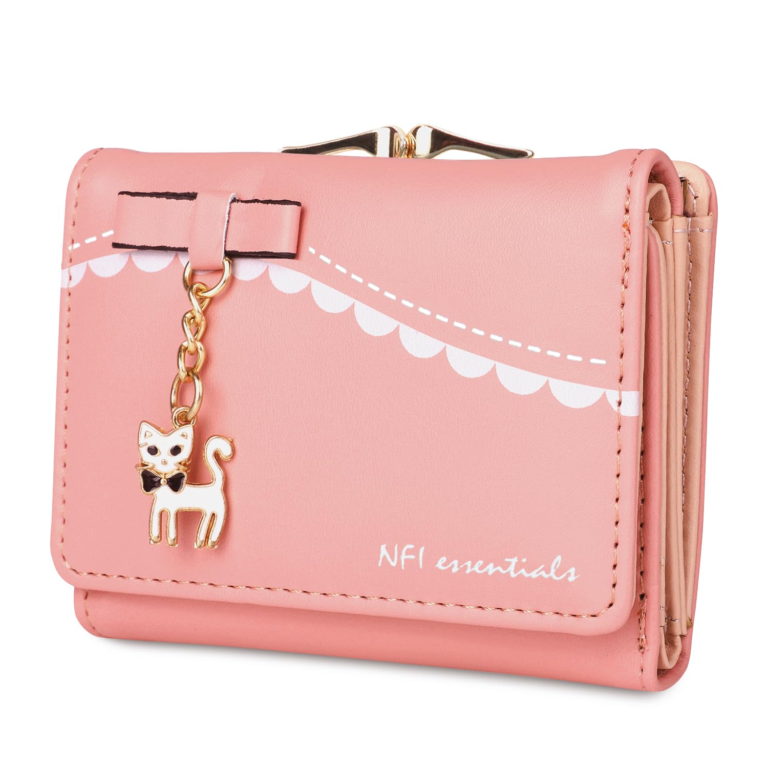 NFI essentialsSmall Wallets for Women Trifold Coin Purse ID Card Holder with Zipper Pocket Ladies Wallet Cat Shaped Metal Keychain