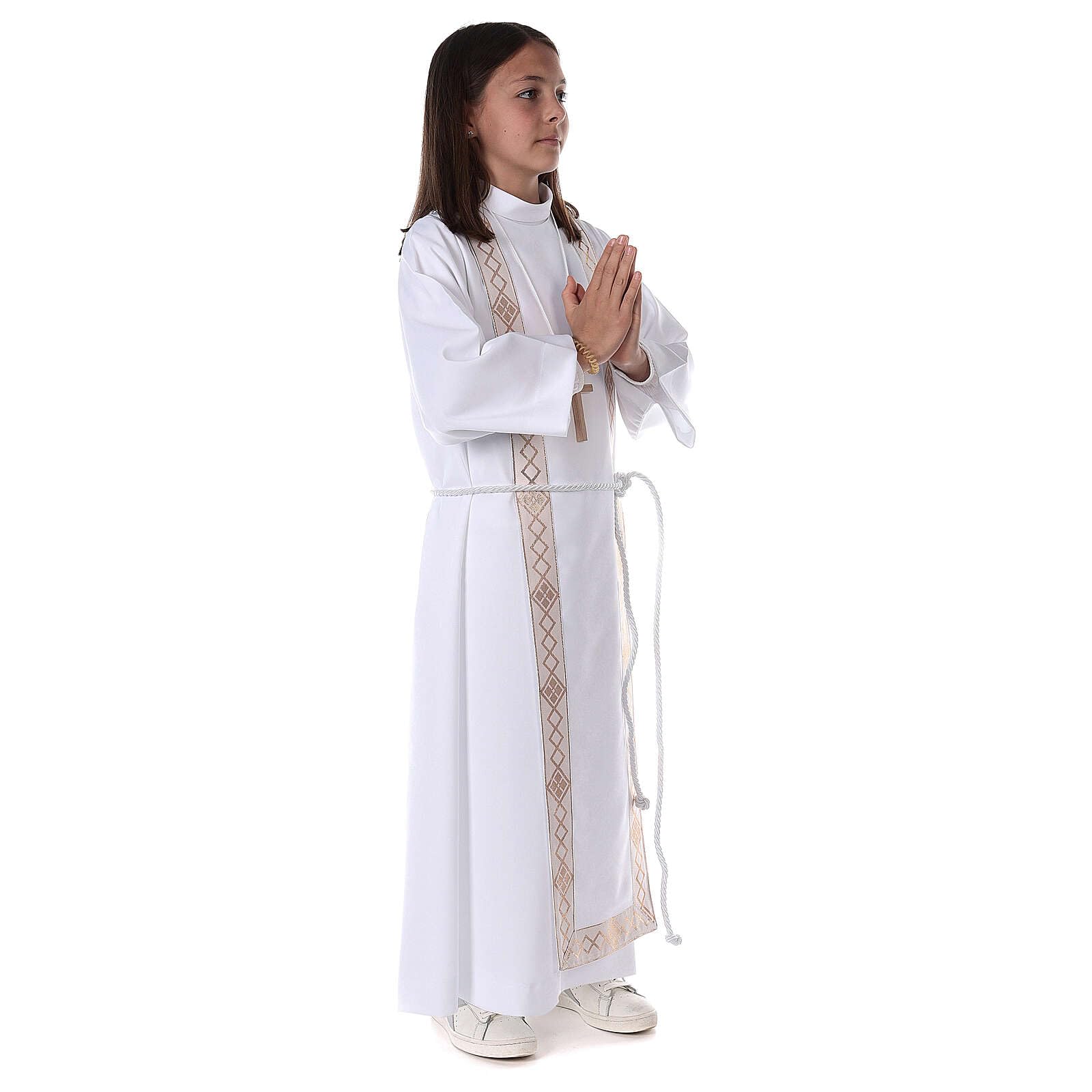Holyart Stroje do Pierwszej Komunii: Alba komunijna unisex szkaplerz złote brzegi, 130 cm (51 inc.)