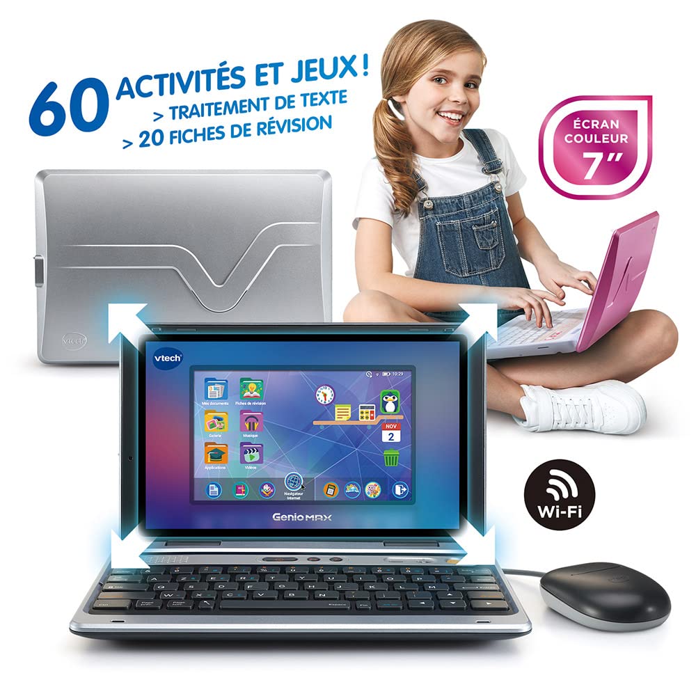 VTech Genio Max grau metallic, Lerncomputer für Kinder ab 5 Jahren | Kinder-Laptop mit Farbdisplay, AZERTY-Tastatur, Maus und bereits 60 Apps und Lernspiele in französischer Sprache