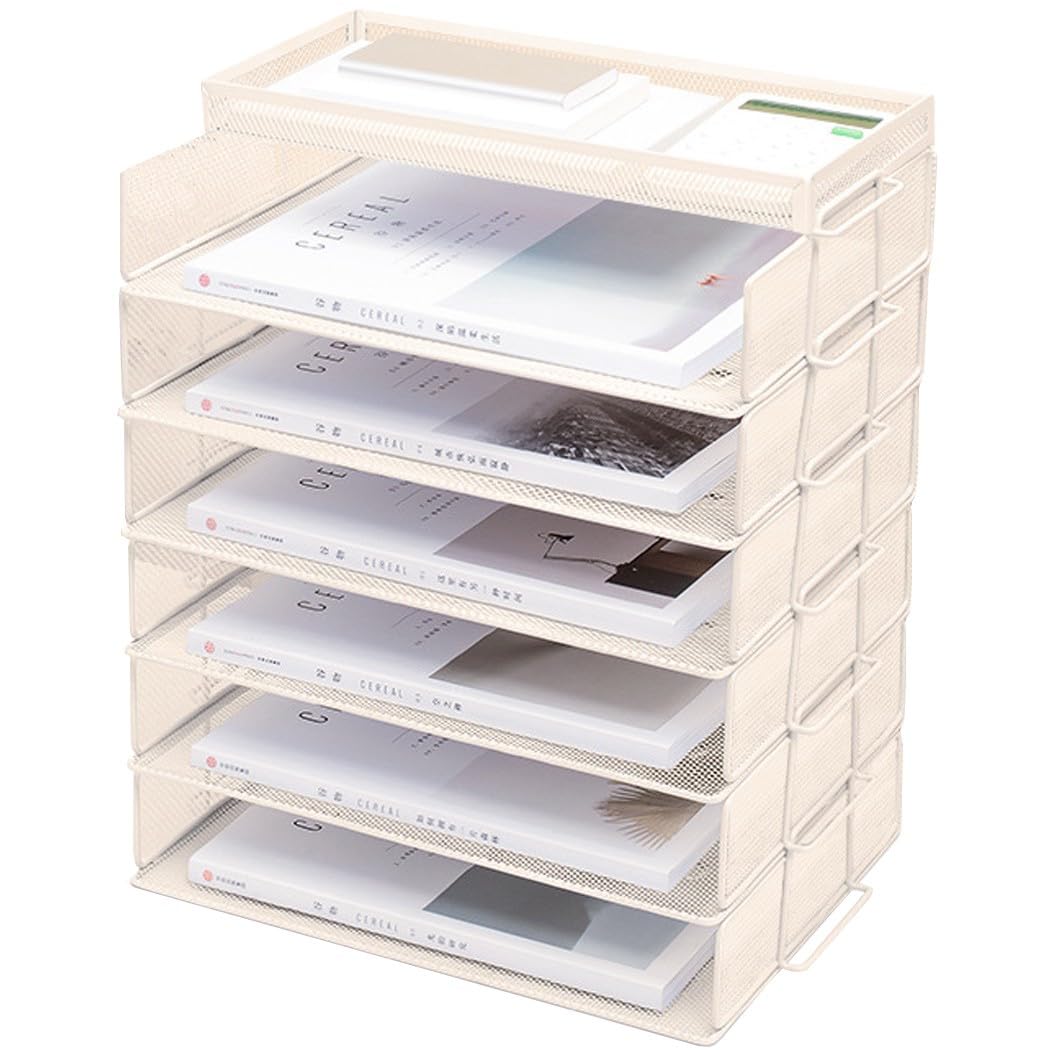 ZESLIV Desk Organiser with File Holder, 6-Tier Paper Organiser with Drawer and Top Box, Mesh Desk File Organiser with Magazine Holder for Office Organiser, Beige