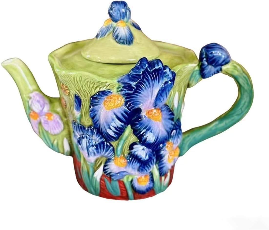 Ceramic Coffee Pot, 3D Hand-Painted 40oz Lrises Flower Teapot, Home Décor