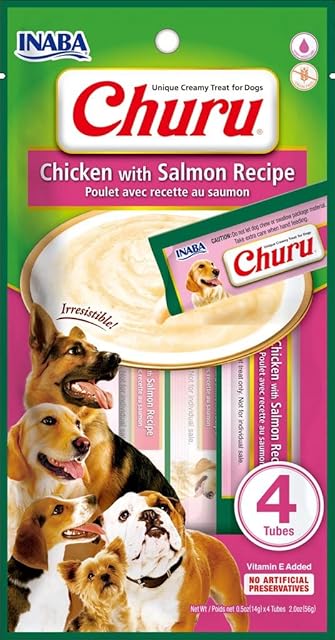 Churu Sticks by INABA Dog Treat - Chicken & Salmon Flavour (4 x 14g) / Soft & Creamy Dog Treat, Delicious & Healthy Snack, Food Topper, Pill Assist, Training Treat, Natural, Grain Free