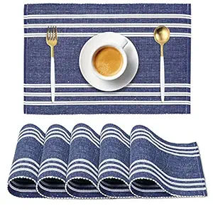 HOKIPO Ribbed Cotton Washable Dining Table Mats (Blue) 6 Pieces