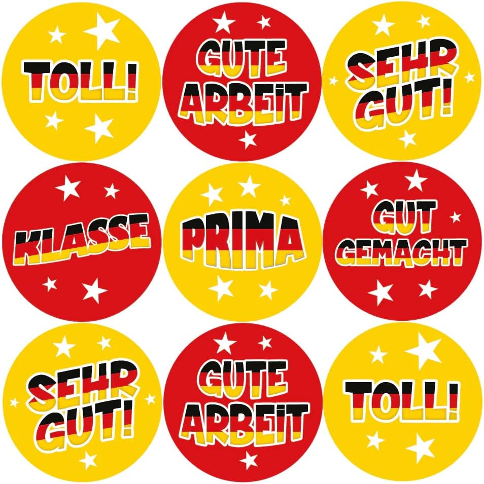 144 German Praise Words Reward Stickers For Children, Teachers & Parents - Colourful, Easy Peel Stickers With Strong Adhesive Glue [144 30mm Stickers]