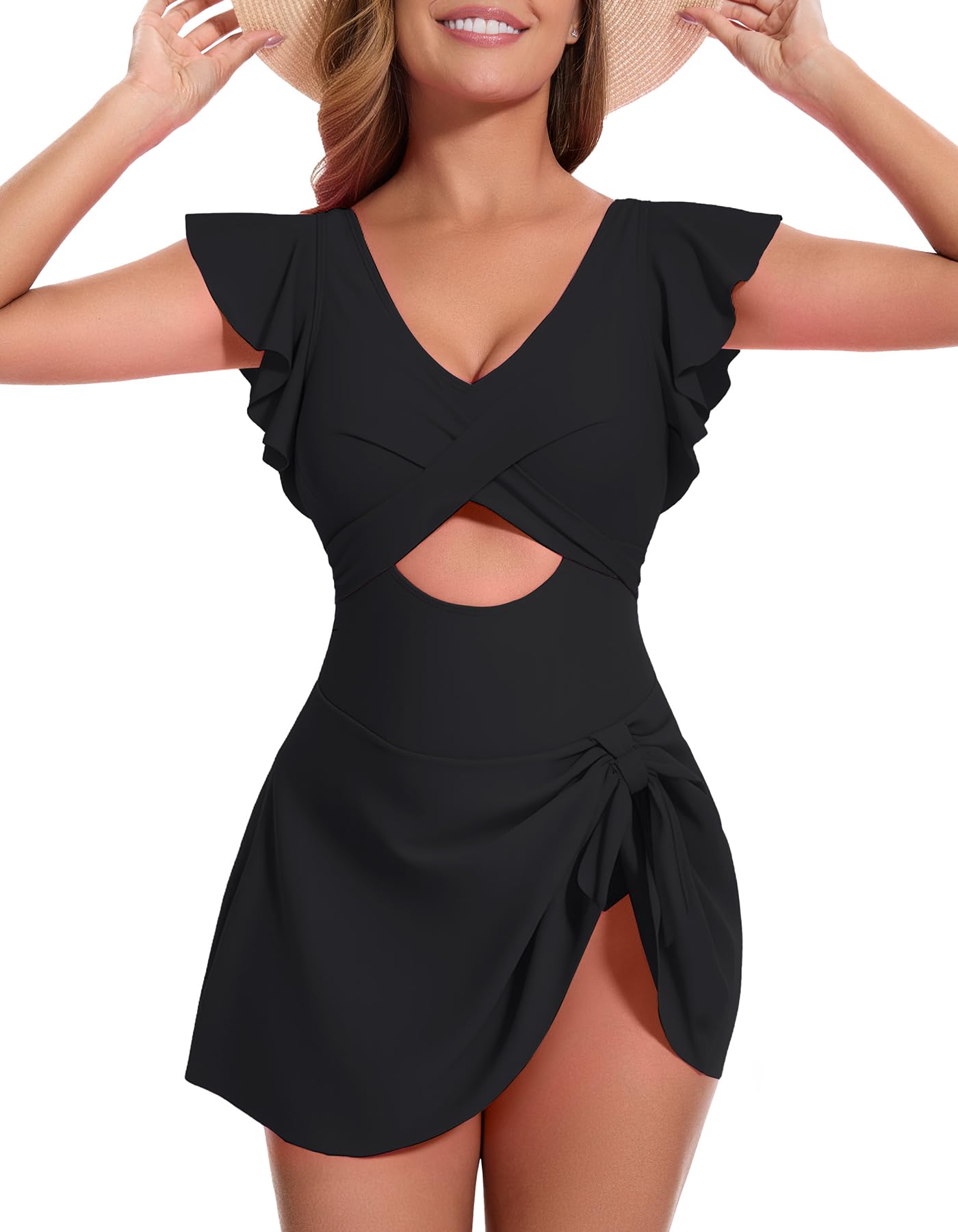 MFAVIP Women One Piece Swim Dress V Neck Tummy Control Ruffle Swimsuits Modest Cutout Wrap Side Tie Swimwear with Skirt