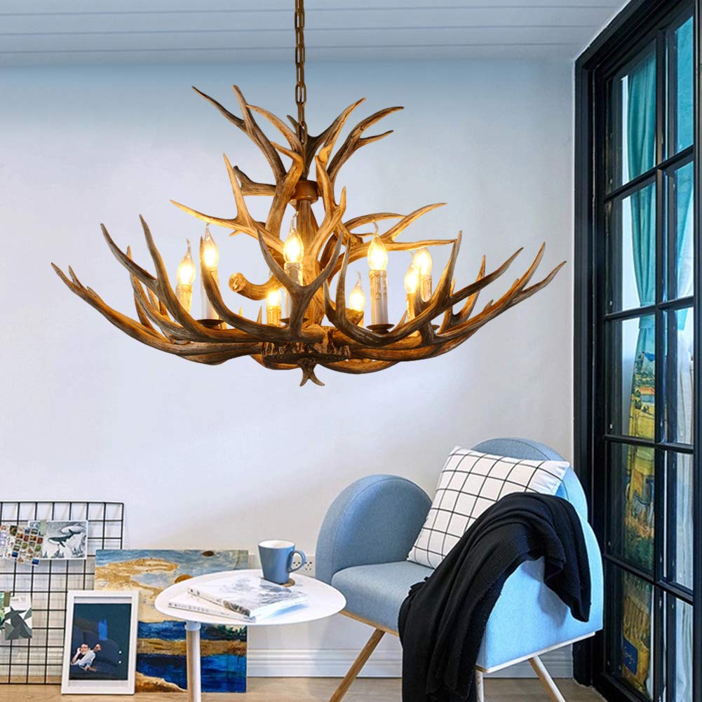 Żyrandol z żywicy z 8 światełkami, lampa wisząca w wiejskim stylu jelenia, duża lampa sufitowa o długości 94 cm (37 cali) z imitacji jelenia, idealna do wiejskiego domu, sypialni, a