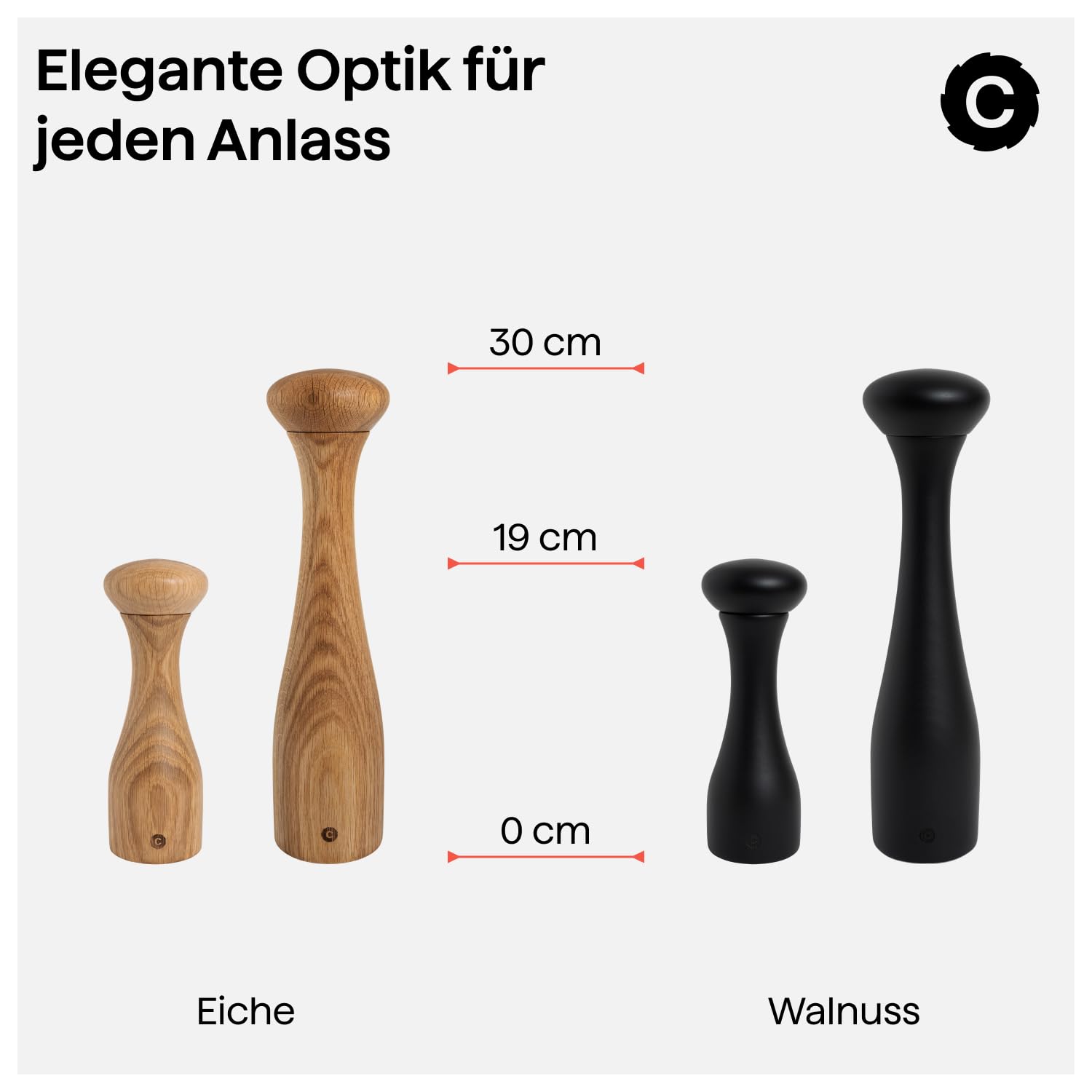 Crushgrind Lyon Gewürzmühle mit Keramikmahlwerk | Holz-Braun | Salz und Peffermühle mit verstellbarem Mahlgrad | Kräutermühle aus hochwertigen, nachhaltigen Materialien (Eiche, 19 cm)