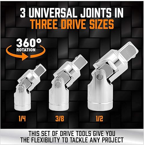 Miniatura 3 de HORUSDY Juego de 20 barras de extensión de zócalos, 1/4", 3/8" y 1/2", juego de extensión de trinquete, enchufe de junta universal, acero CR-V