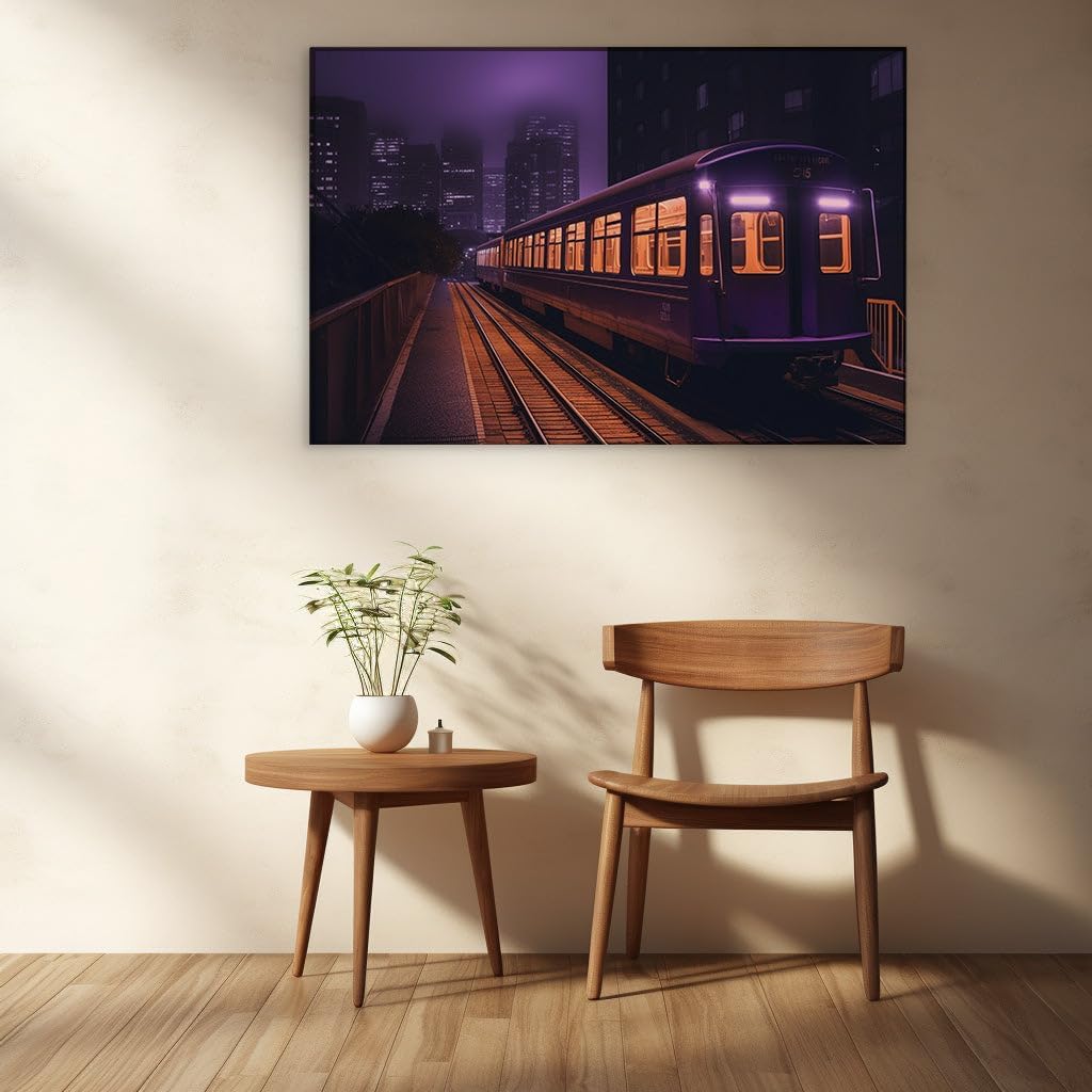 Canvas for Living room. Mystical Night Ride: The Purple Train's Urban Escape, 27 x 18 inch Canvas Wall Art - Ready to Hang