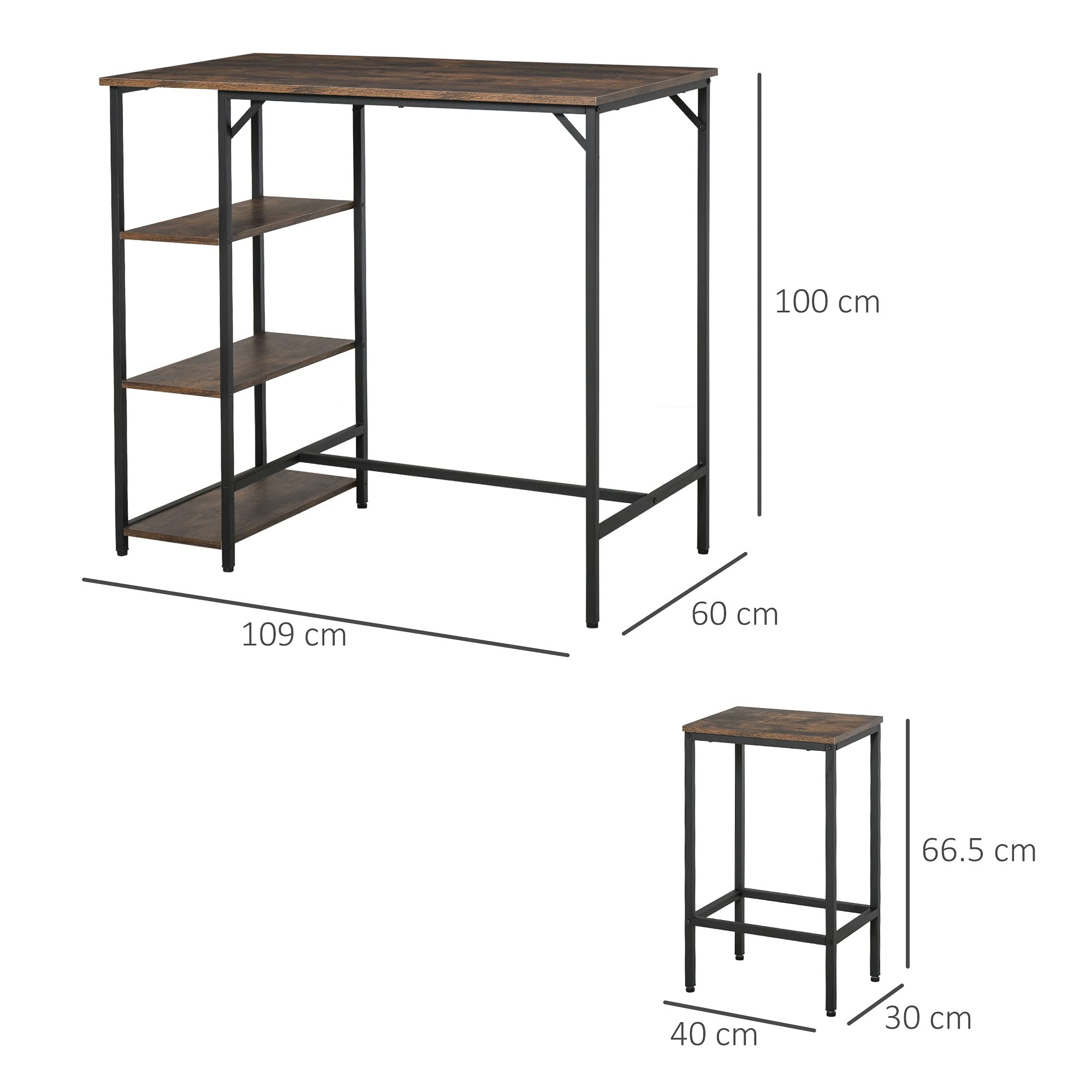 HOMCOM Set Tavolo Alto con 2 Sgabelli e Scaffale Stile Industriale in Metallo e Legno, Arredamento Moderno Bar e Cucina, Marrone Rustico