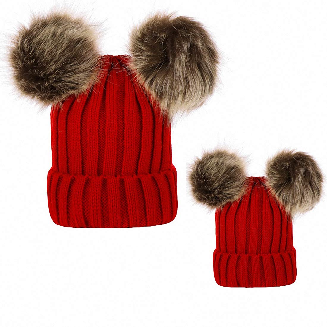 Ulalaza 2PCS Mother&Baby Hat Parent-Child Hat Family Matching Cap Winter Warmer Knit Wool Beanie Ski Cap
