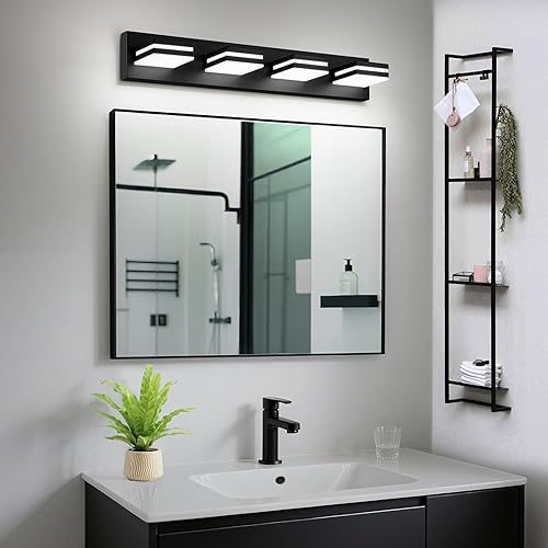 Miniatura 6 de IZORRO Luces LED modernas para baño (4 luces), iluminación de pared acrílica negra mate, luces de tocador para baño sobre espejo - 6000 K 24 pulgadas