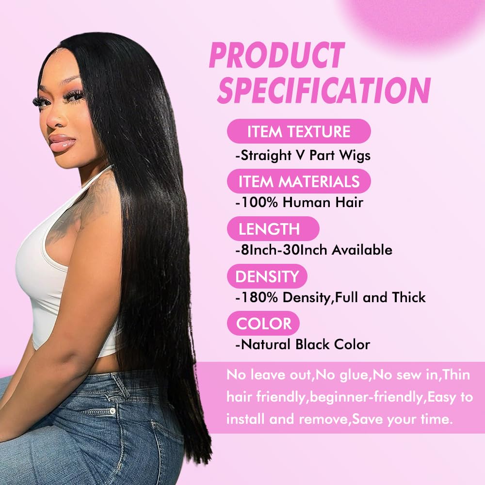 CHEETAHBEAUTY V Part Wigs Human Hair Straight V Shape Wigs for Black Women Upgrade U Part Wigs No Leave Out No Sew In No Glue Clip in Half Wigs 180% Density Natural Black 18Inch