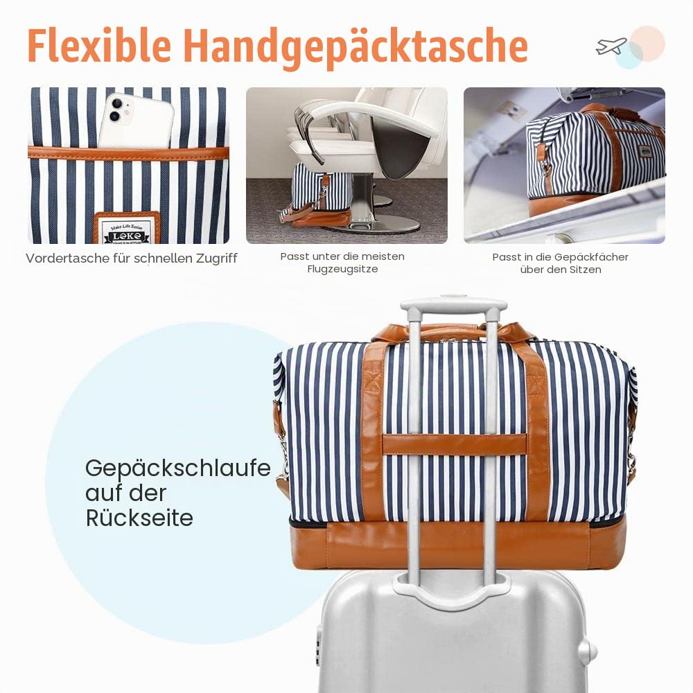 Lekesky Reisetasche für Damen – mit separaten Schuhfächern für Wochenende, Übernachtung, Fitnessstudio, Sport oder Krankenhaus, A-blau gestreift, 50 l, Reisetasche