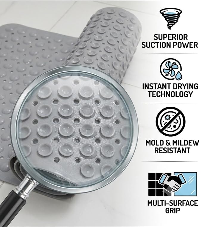 Image of Dribble Anti-Slip PVC Bath Mat with Suction Cups & Drainage Holes | Waterproof Shower Mat for Bathroom, Bathtub & Wet Areas | Soft Massage Surface, Quick Dry, Washable Bath Mat (70 X 38 cm) Grey